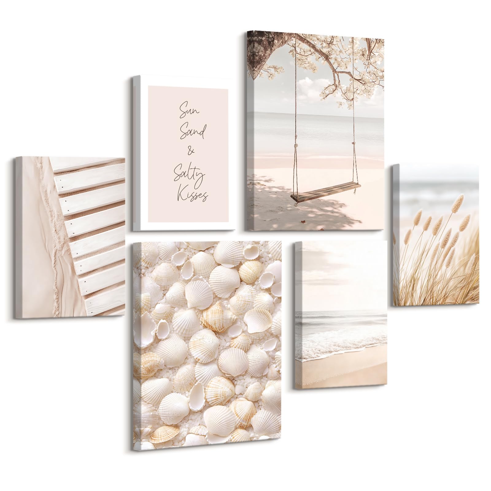 6pcs Cadre en Bois Impression sur Toile Boho Coquillage de Plage Côtière Tableau Affiche Decoration Murale Océan Paysage Peinture Tableau Decoration Murale Salon Chambre 30x40 cm x2+20x30 cm x4