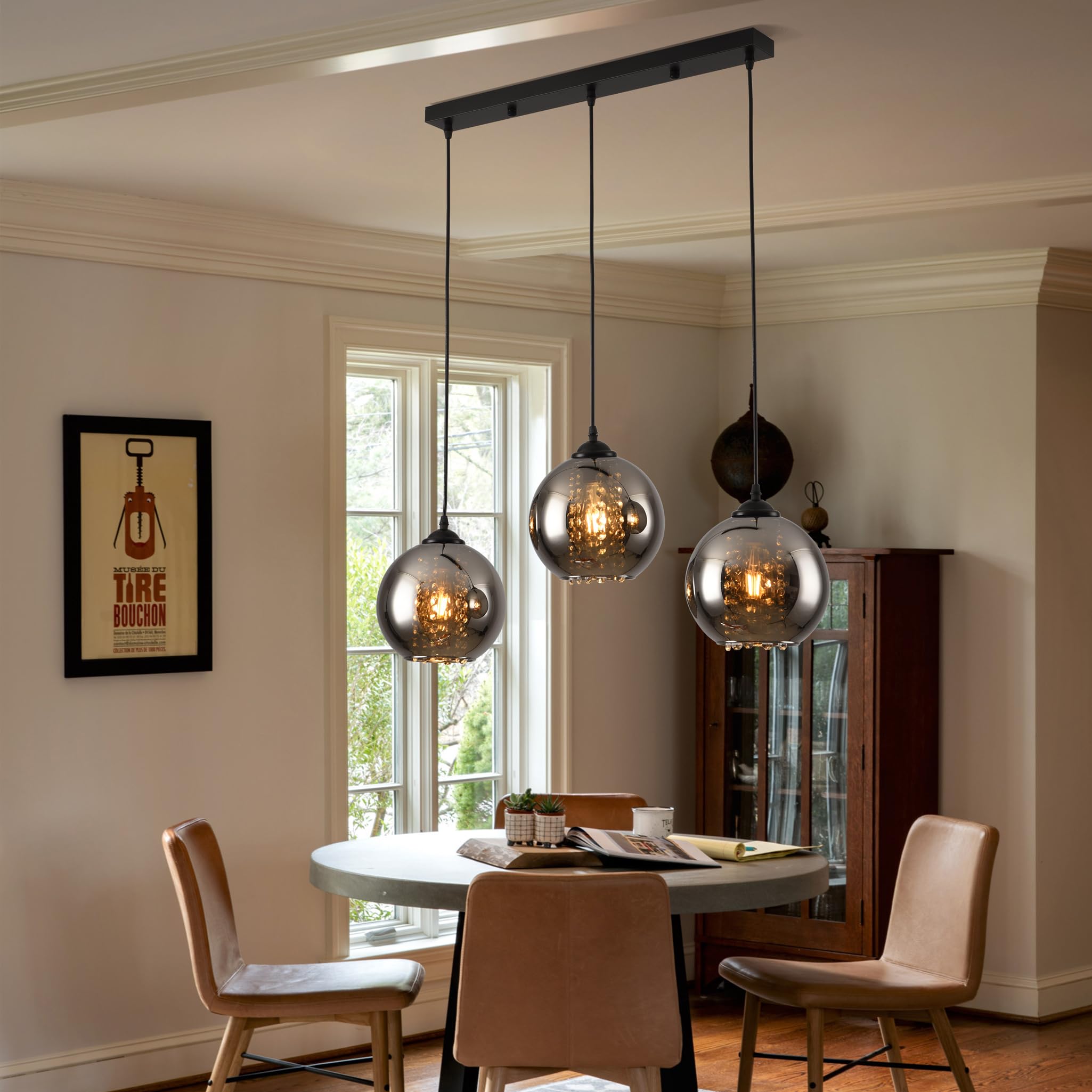 Pendelleuchte Esstisch 3 Flammig Rauchgrau Glas Hängelampe | Höhenverstellbar Esszimmer Lampe Hängend Vintage Esstischlampe Hängend Schwarz E27 für Küchen Esszimmer Wohnzimmer