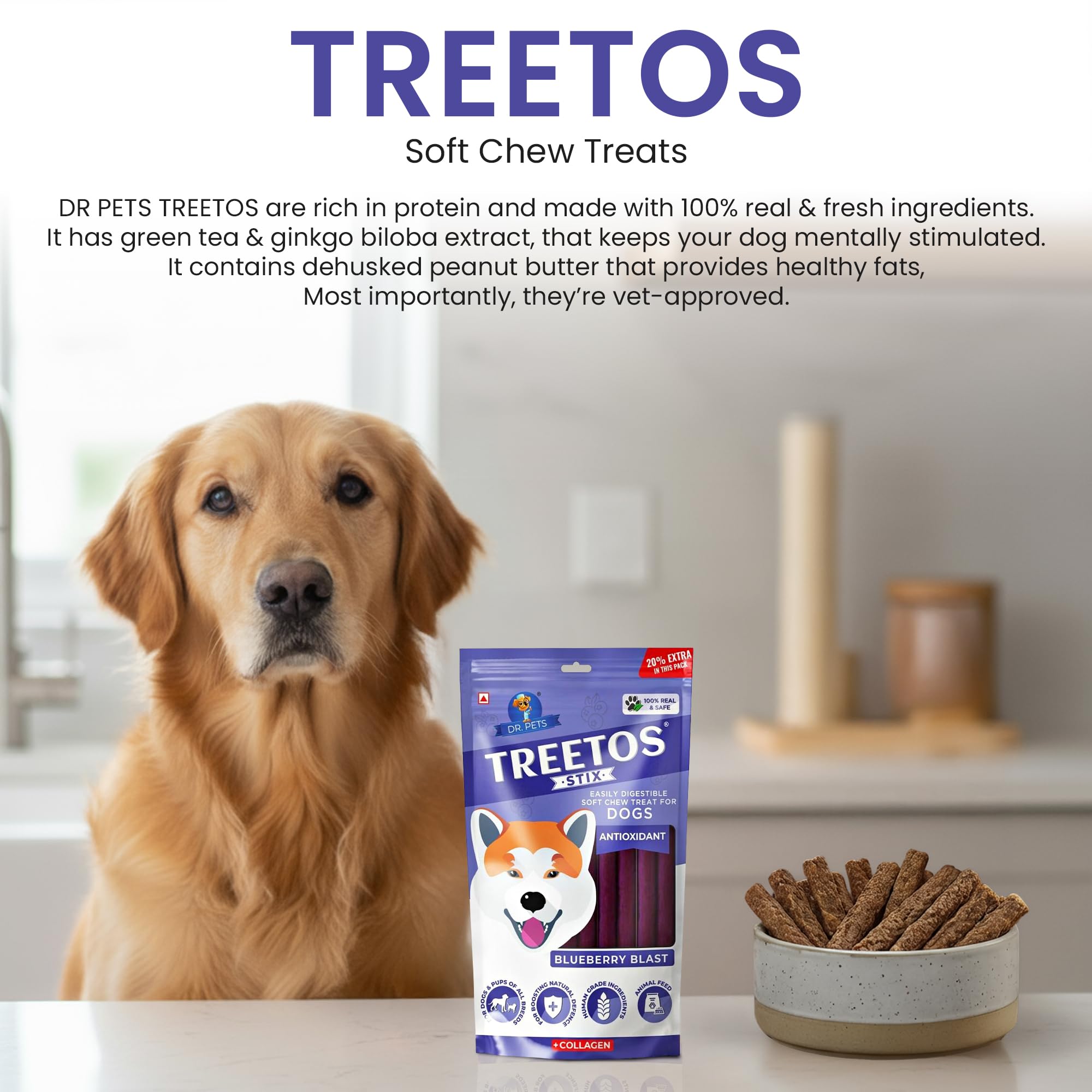 Dr. Pets 85g Treetos Chicken Stix Dog Treats | Blueberry Blast Flavour | Soft Chew Sticks for Puppies & Adult Dogs | Training Reward Treat | Easy to Digest | Pouch Pack 2
