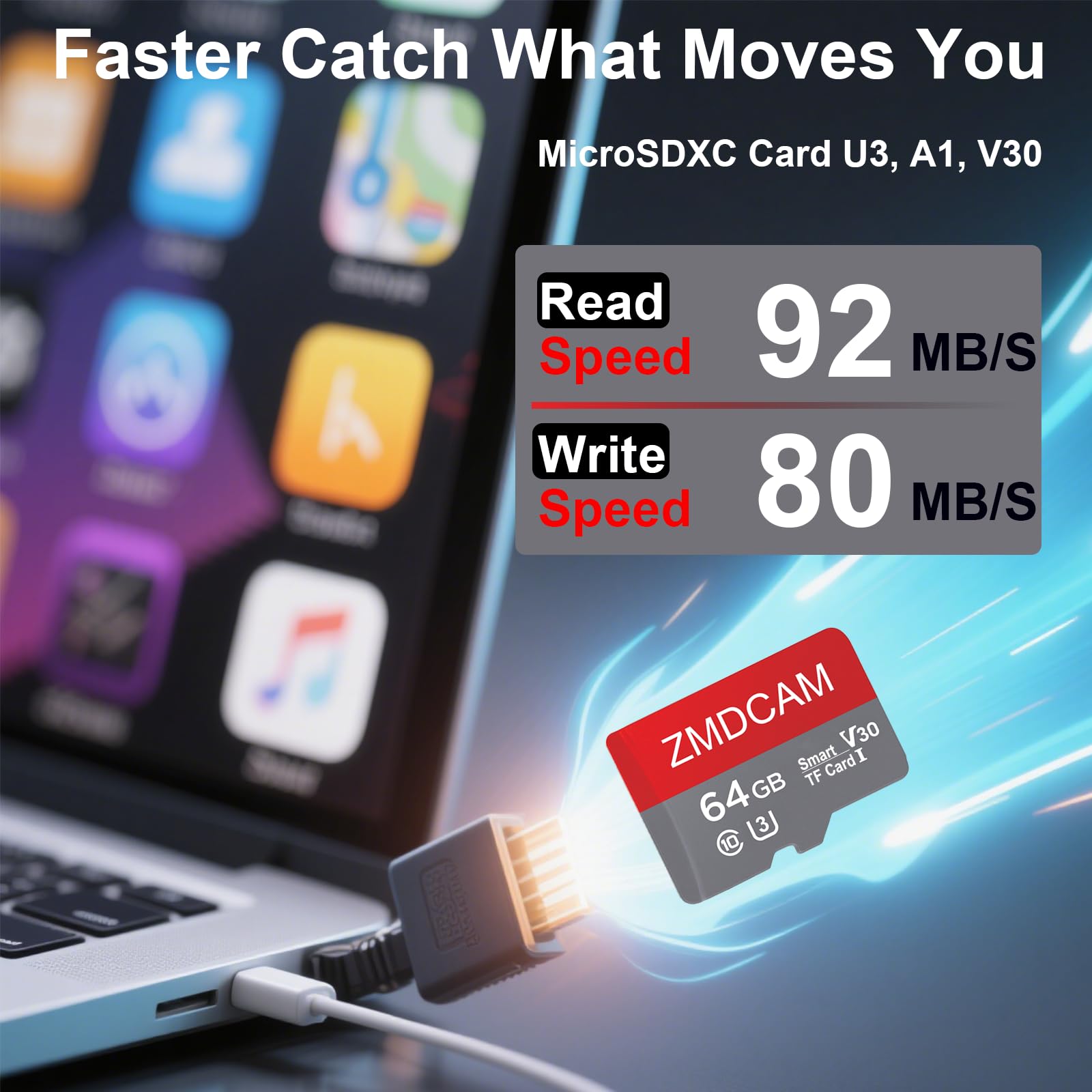 Paquete de 2 tarjetas TF de 64 GB con adaptador, tarjeta de memoria de alta velocidad, U3 C10 A1 V30 tarjeta TF de hasta 92 MB/S para teléfonos inteligentes/tabletas/cámaras/grabadoras de coche