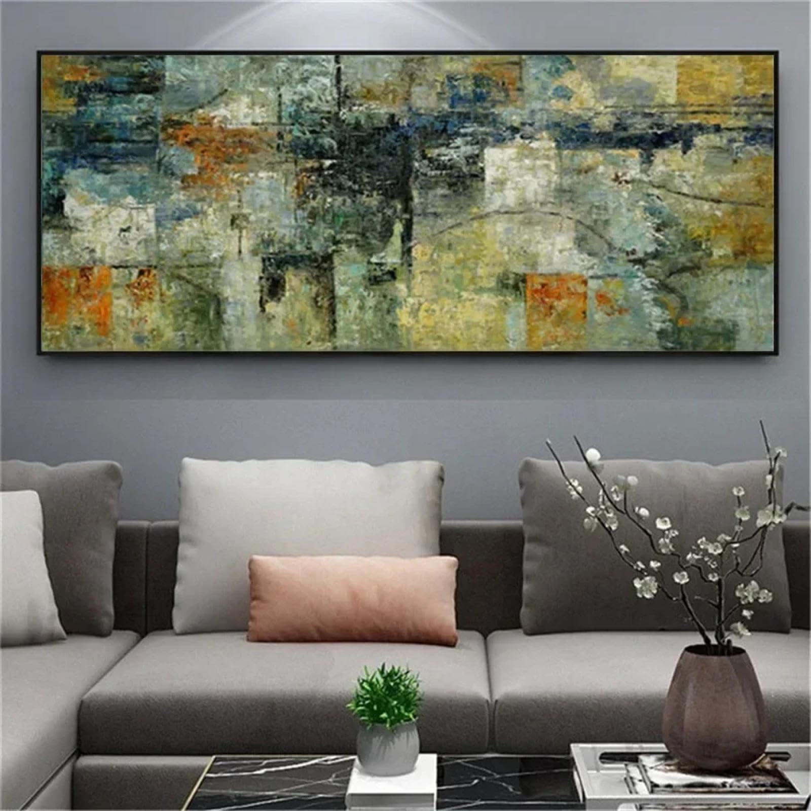 ZHMANLUCK Żółto-szara sztuka na płótnie do salonu dekoracja sztuka ścienna farba nowoczesny plakat do wystroju biura domowego 70 x 140 cm z czarną ramką