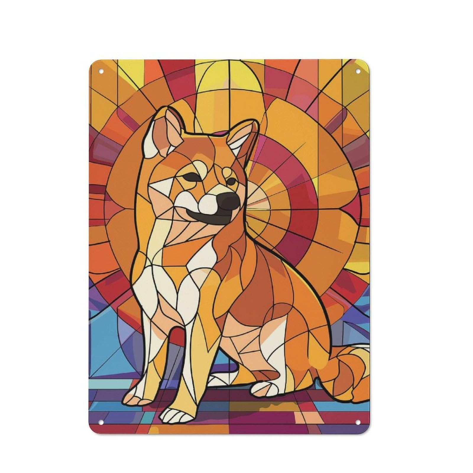 Junmoney Style-6 Metal Plaque 40X30cm With Shiba Inu Stained Glass Art For Pub Or Café, Vintage Decor, For Vintage Wall Decor Fans, For Metal Sign Collectors