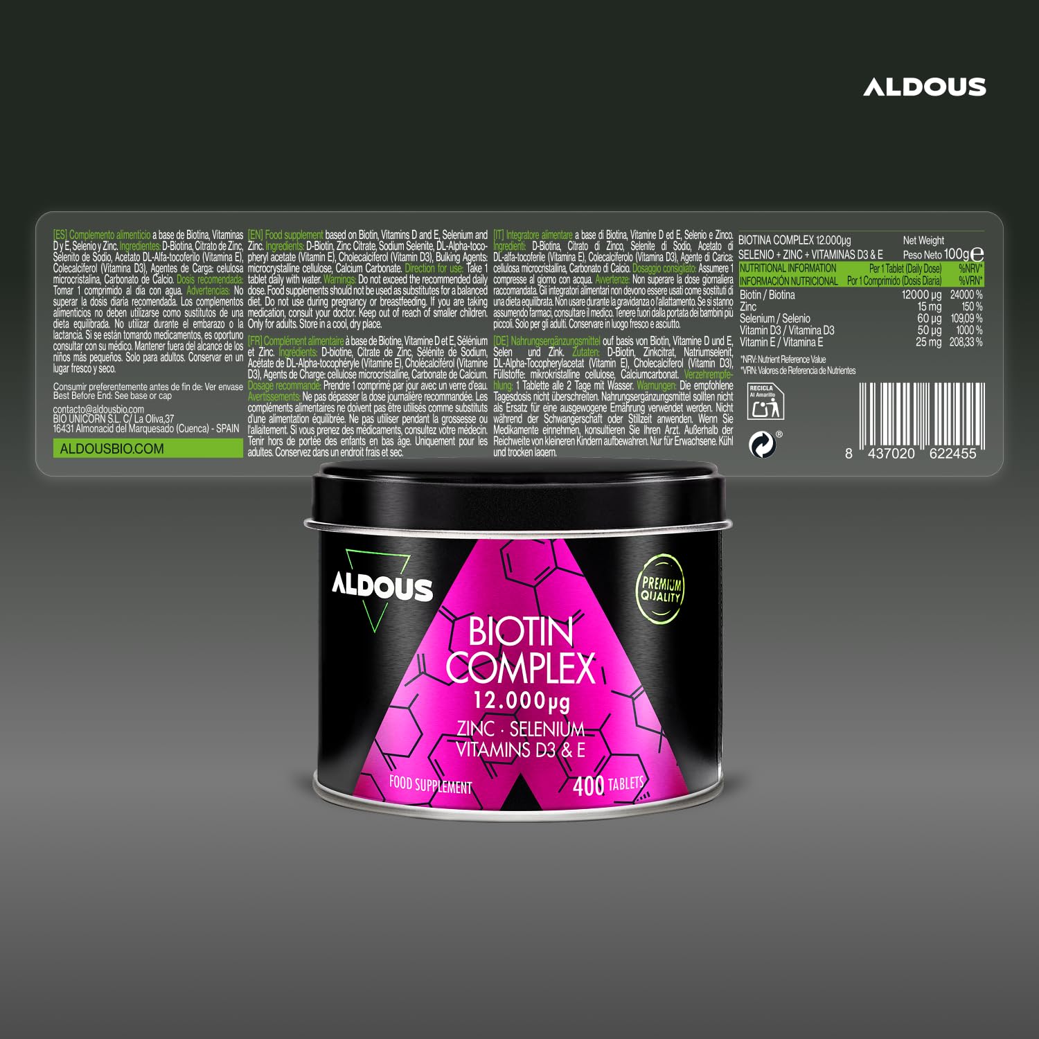 Biotine 12 000 mcg - 400 Comprimés - Zinc, Sélénium, Vitamine D3 et Vitamine E - Biotine Cheveux, Peau et Ongles - Biotine Cheveux Pousse Rapide - Complément Alimentaire Pousse Cheveux - ALDOUS
