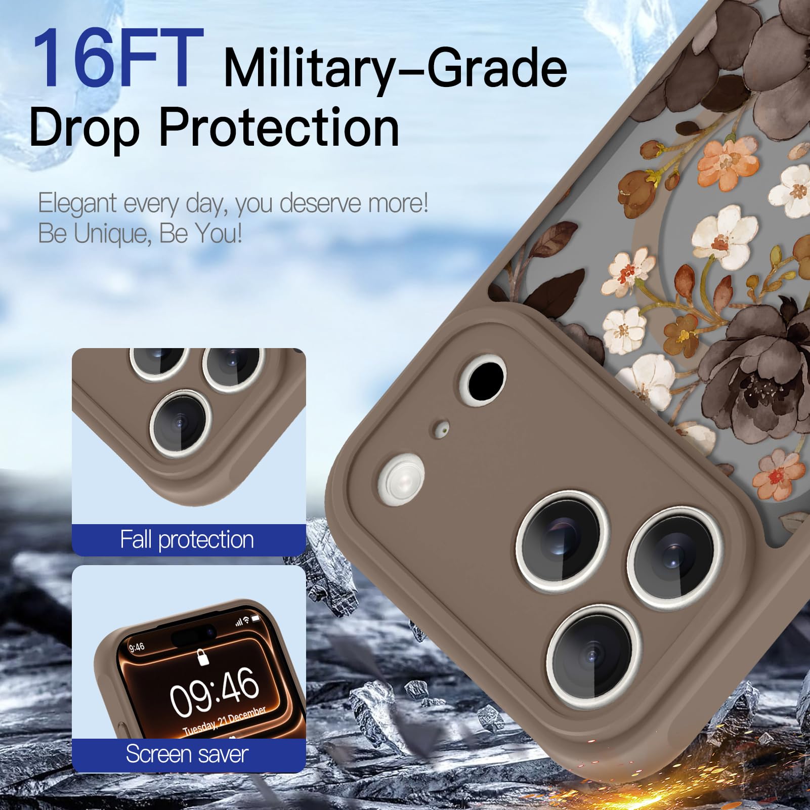 LSL Funda magnética para iPhone 17 Pro Max compatible con MagSafe, bonito diseño de flores, funda protectora de TPU a prueba de golpes para mujeres y niñas, color marrón