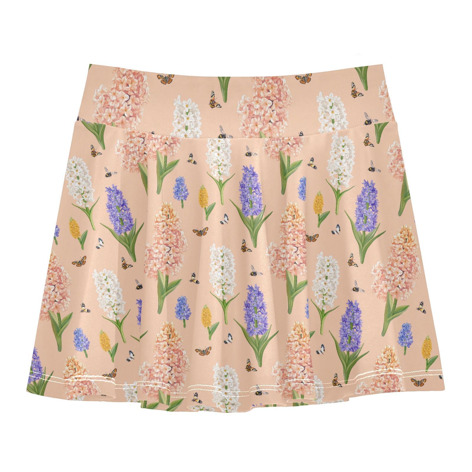 Cute Hyacinths Girls Athletic Skirt with Built in Shorts Pleated Skirt for Kids with Pockets Flowy Little Girl Skorts