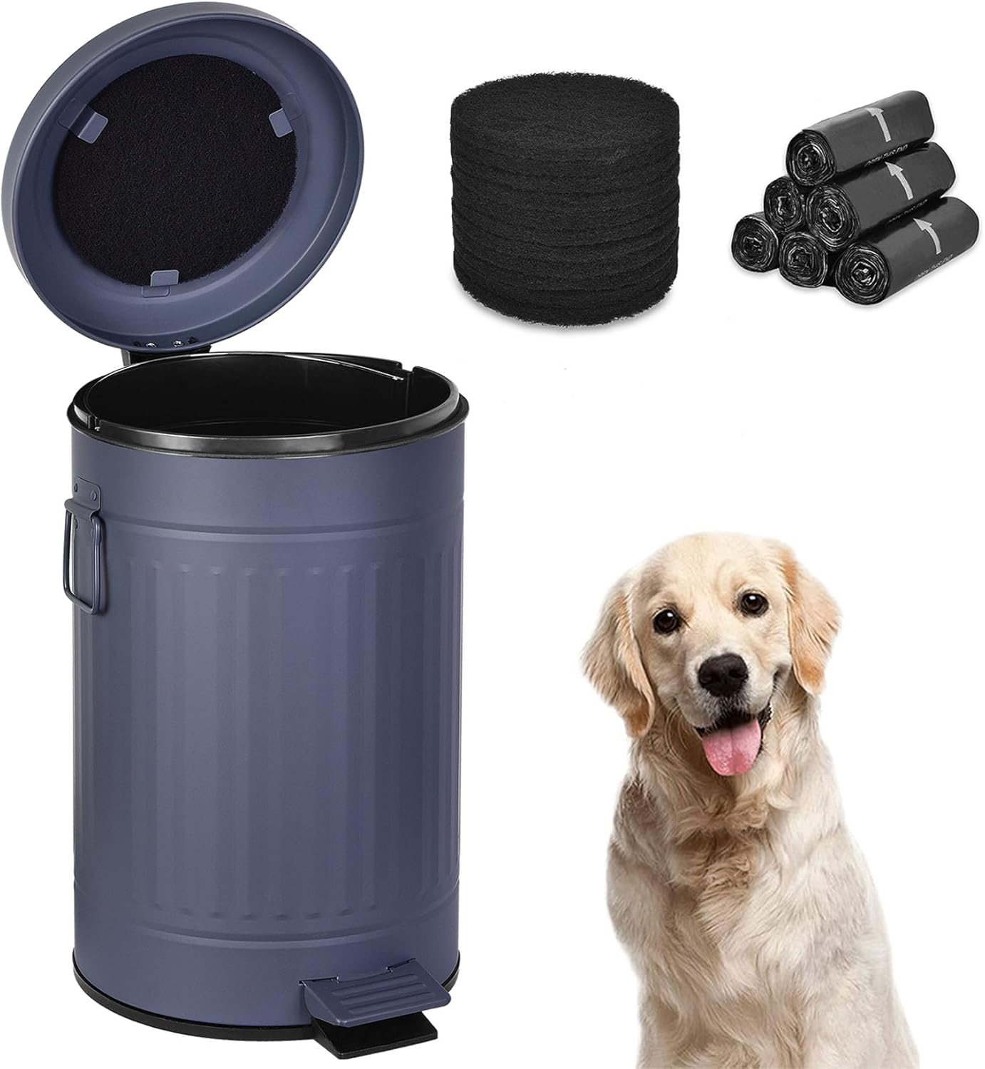Dog Poop Trash Can with Lid for Outdoors，3.2 Gallon Trash Can with Activated Carbon Filter & Plastic Bags, Pet Waste Container，UP12L-GY-Y+90BK