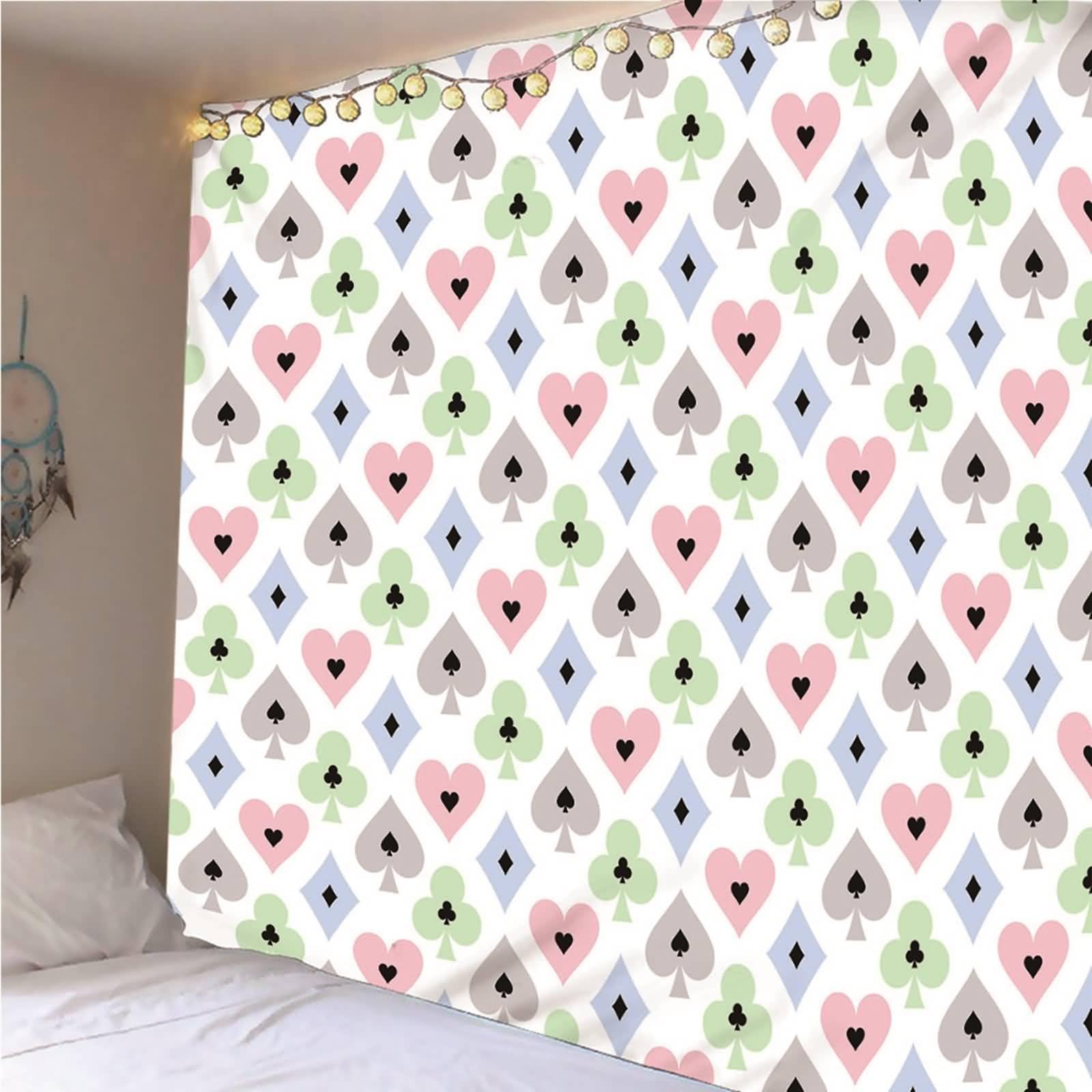 Tappeto Parete Camera da Letto, 350 x 256 cm Modello di Carte da Gioco Coperta per Camera da Letto Soggiorno Dormitorio Decorazione da Parete, Rosa Verde Grigio