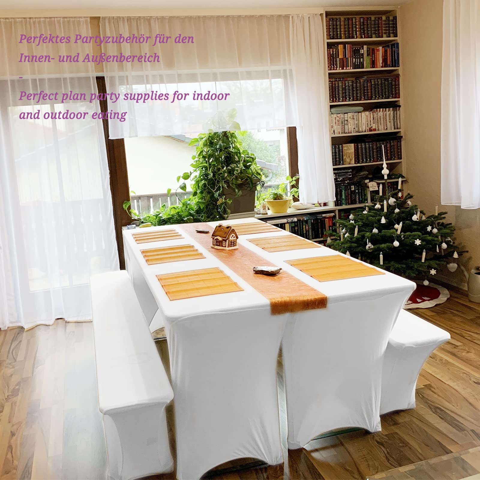 Pesonlook Zwei 3er-Sets Biertischhusse, Weiß Stretch Biertisch und Bankgarnitur Husse für 50 cm Tischbreite, Bierbankhusse, Bierzeltgarnitur 220 x 50 x 80 cm für Bankett Gartenmöbel