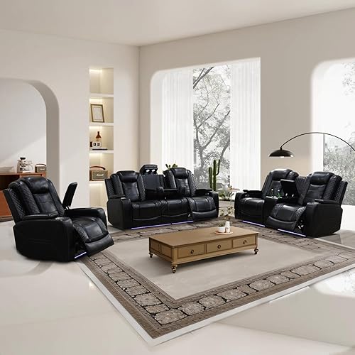 Miniatura 48 de Juego de sofá reclinable eléctrico para sala de estar, sofás reclinables de cuero blanco crema con puerto USB, sofá de cuero con sillón reclinable