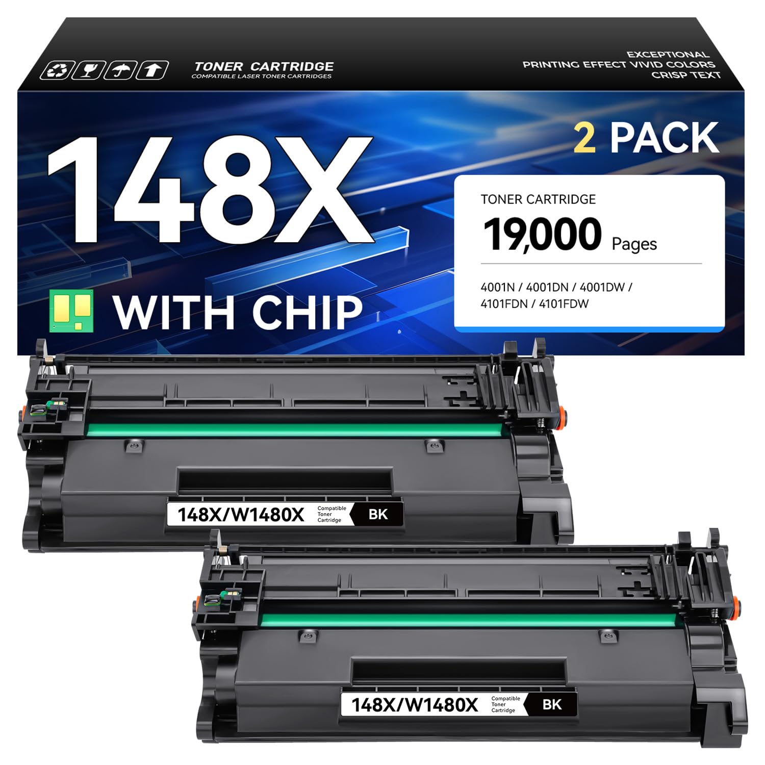 148X Toner Cartridge High Yield with Chip Black 2-Pack Replacement for HP 148X W1480X 148A W1480A Compatible with HP LaserJet Pro MFP 4101dw 4101fdn 4101fdw 4001dn 4001dw 4001n Printer Ink 4001 4101 e