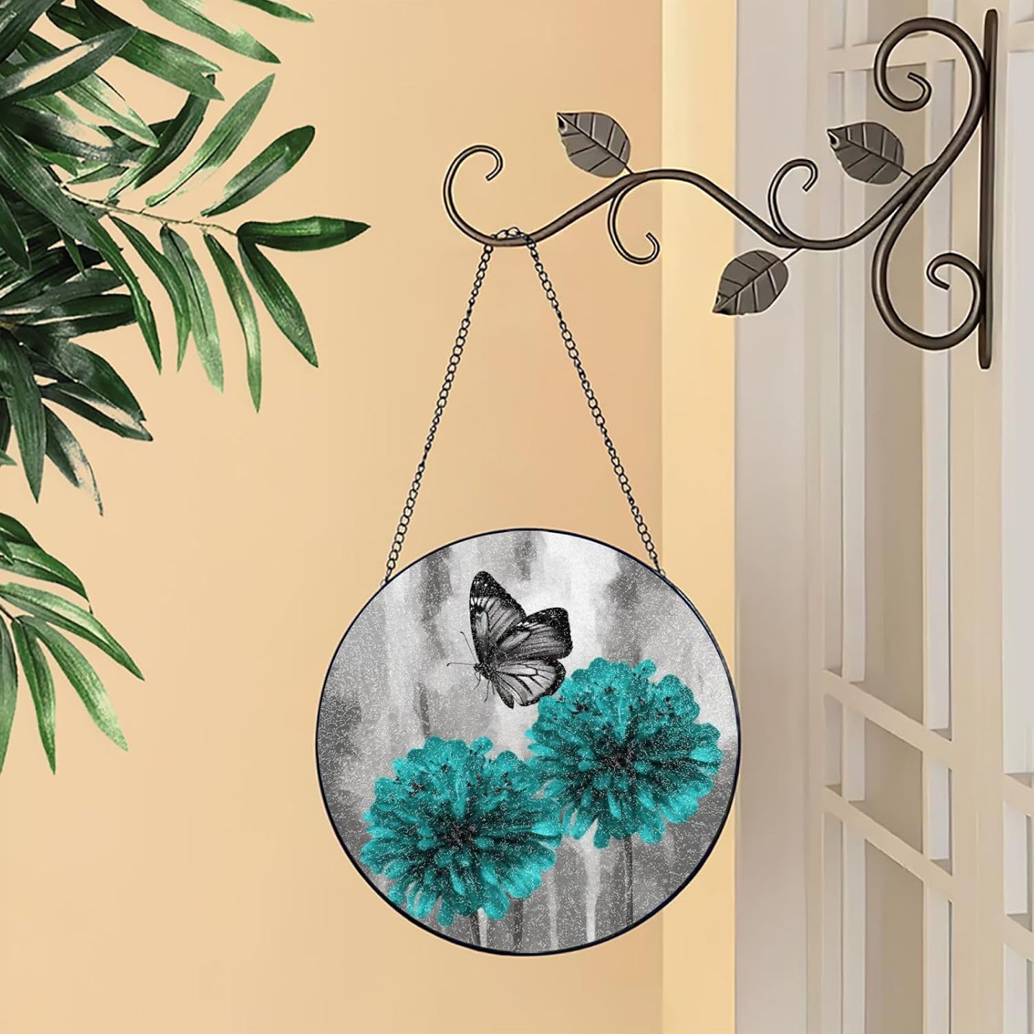 Stained Glass Window Hanging 6in（15cm）, Gray Teal Flower Butterfly Glass Suncatcher for Home Decor, Indoor Wall Art Glass Panel with Metal Chain and Hooks, Sun Catcher Ornament Birthday Gifts