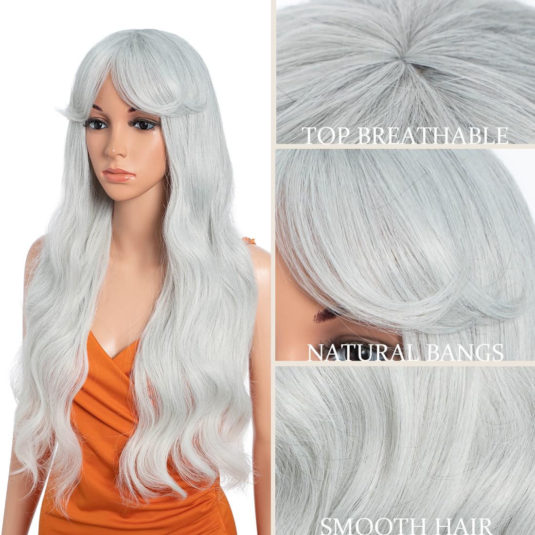 26 Inch Long Wavy Wigs for Women Black Wig with Bangs Ombre Brown Wig with Dark Roots Long Layered Wig Heat Resistant Synthetic Wig Natural Looking Wigs for Daily Party Use(T-GREY 31) - Image 3