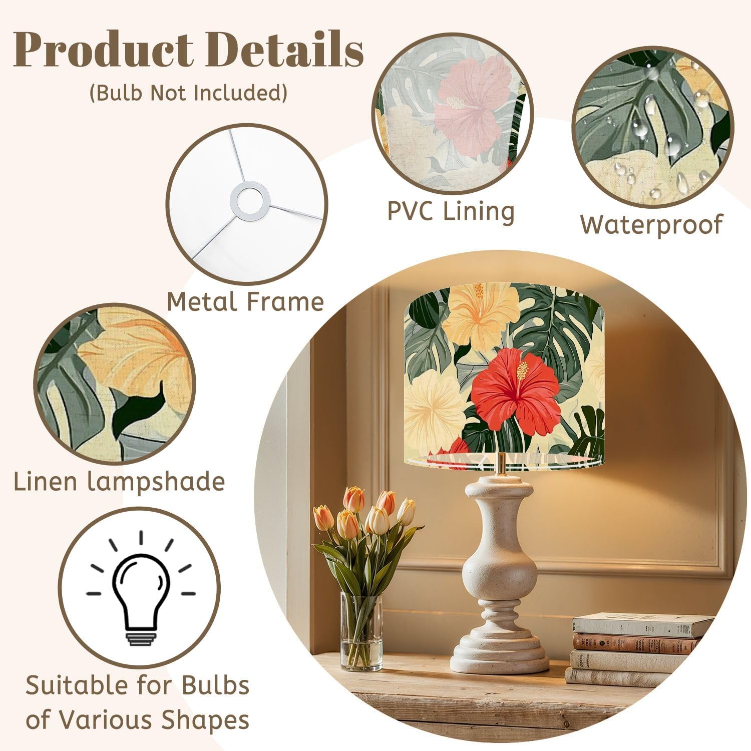 Drum Lamp Shades Summer colorful hawaiian seamless tropical plants hibiscus Lamp Shade for Floor Lamps Table Lamps Pendant Light 11"x8.9" Linen Replacement Large Lampshades