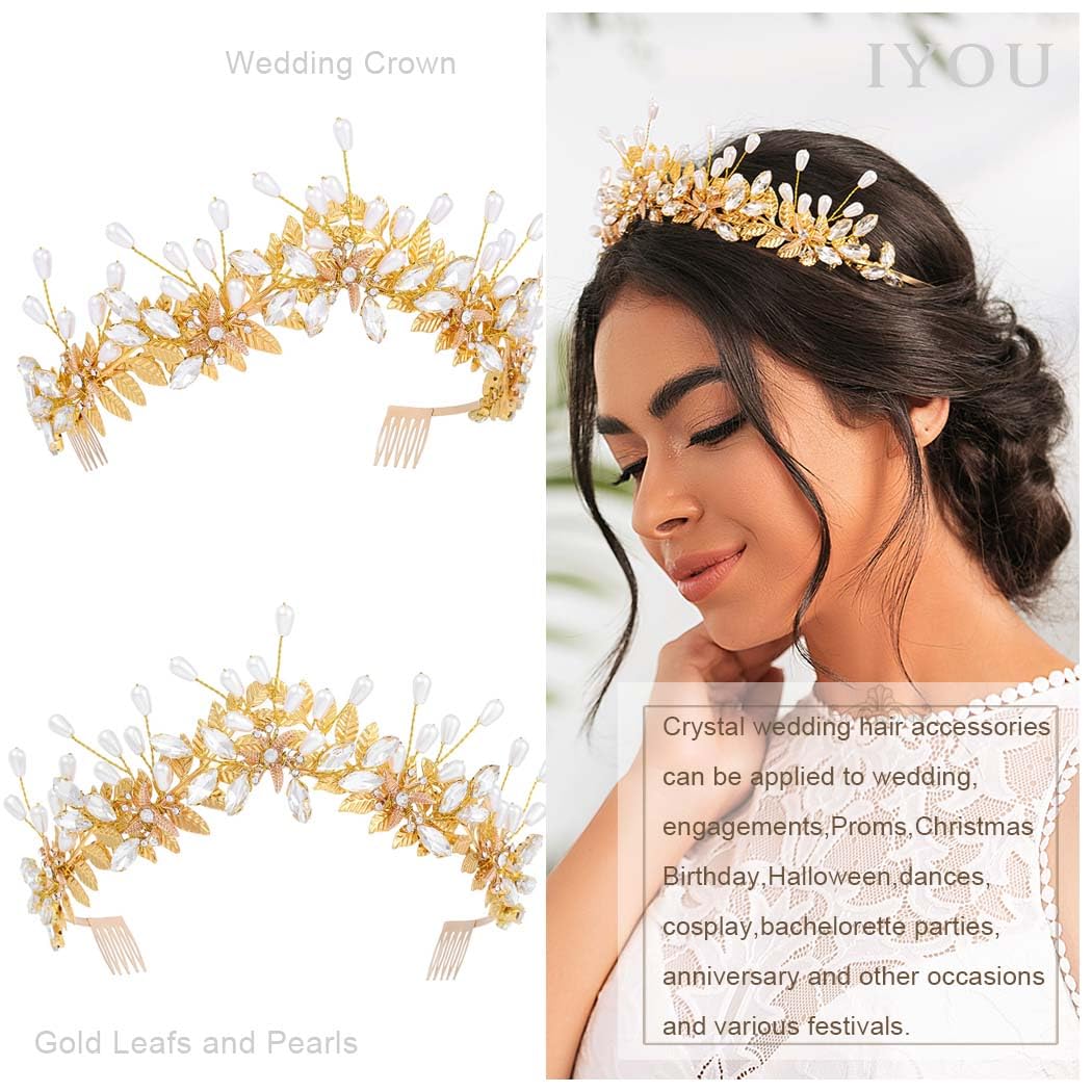 IYOU Bridal Wedding Headband Crown Gold Leaf Hair Bands Tiara Pearl Crystal Bridesmaid Bride Hair Accessories for Women - Image 4