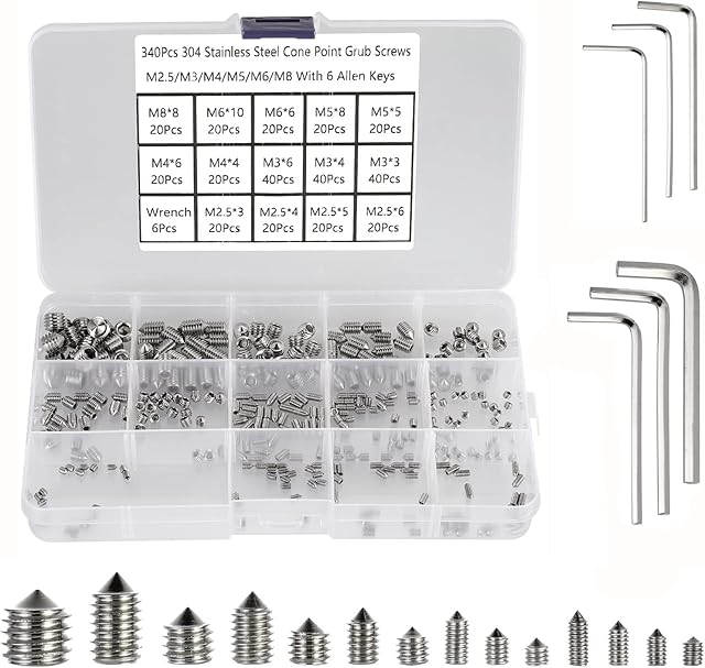 FandWay 340Pcs M2.5/M3/M4/M5/M6/M8 Grub Screw Set,Metric Thread 304 Stainless Steel Cone Point Screws, Taper Head Socket Head Screw Assortment Kit with 6 Allen Keys