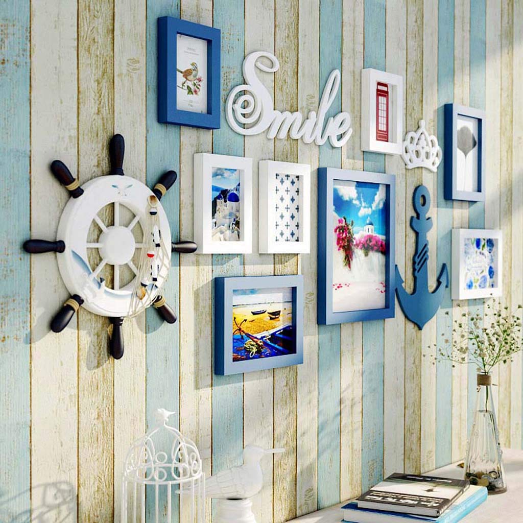 Set di cornici per Foto in Legno massello, Parete per Foto Fai da Te, Combinazione di cornici per Foto Mix And match-136 * 56 cm-Blu+Bianco