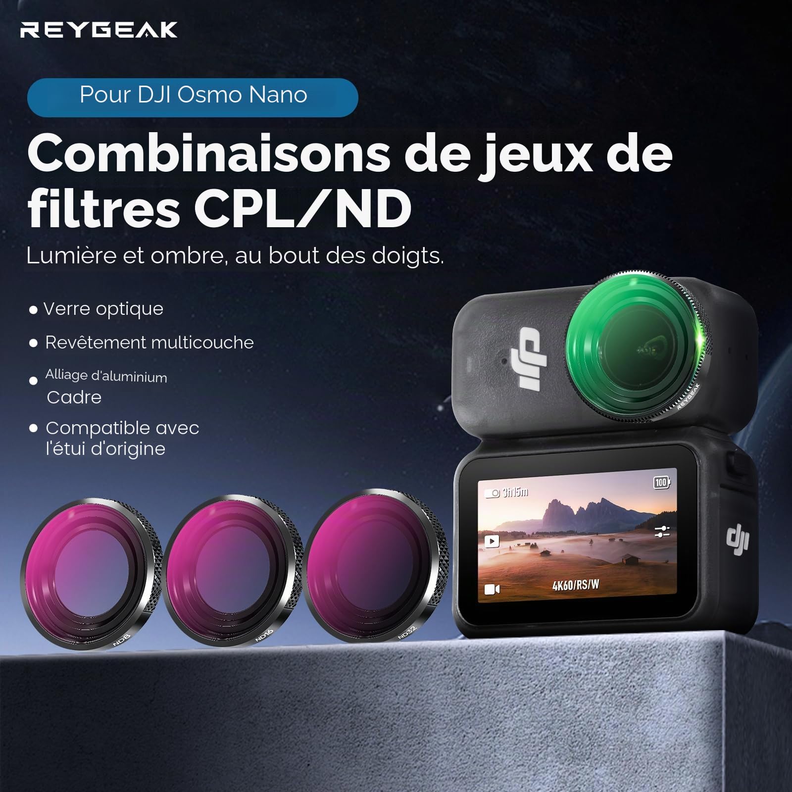 REYGEAK Lot de filtres ND pour DJI Osmo Nano, CPL/ND8/16/32 pour OSMO Nano, Cadre en Aluminium, Verre Optique HD Multi-Couches (CPL/ND8/16/32)