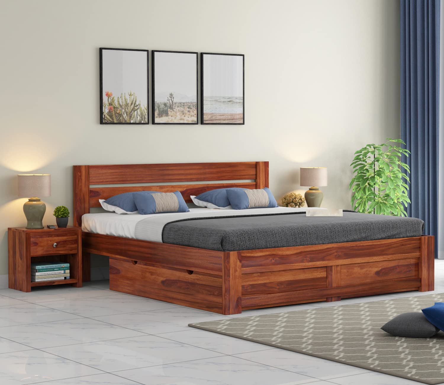 Wooden King Size Bed with Storage | Double Bed Cot Bed with Drawer Storage for Bedroom & Hotel | Sheesham Wood | Honey Finish | Recommended Mattress Size: 78 X 72-image-37