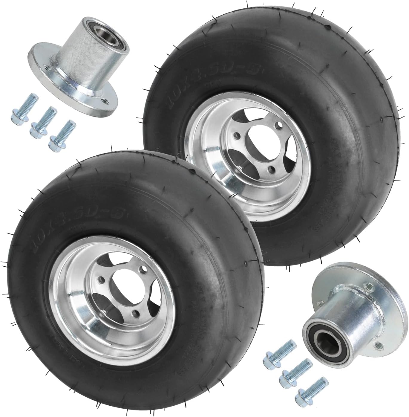 Go Kart Tires and Rims, 10x4.50-5 10x4.5-5" Go Kart Wheels, 2-Pack Front Wheels, Aluminum Alloy Rims + Rubber Tires, 3 Bolt Holes with Front Hub 23T 17mm, Left Right Wheel Hub with Screws
