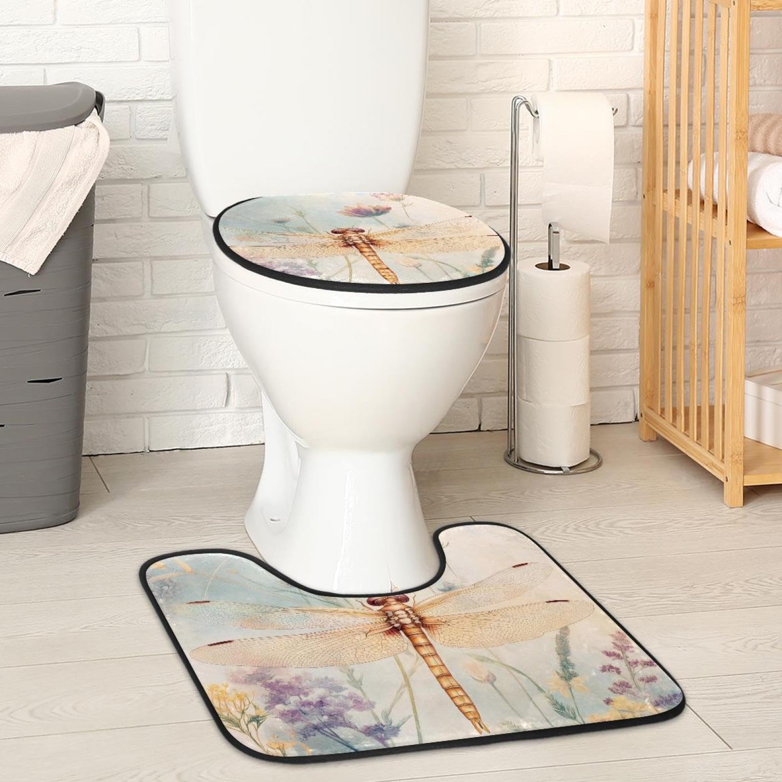 2 Pieces Flannel Toilet Contour Mat and Toilet Lid Cover, Soft Toilet Lid Cover Set Machine Washable Non Slip Contour Mat for Bathroom Decor Accessories