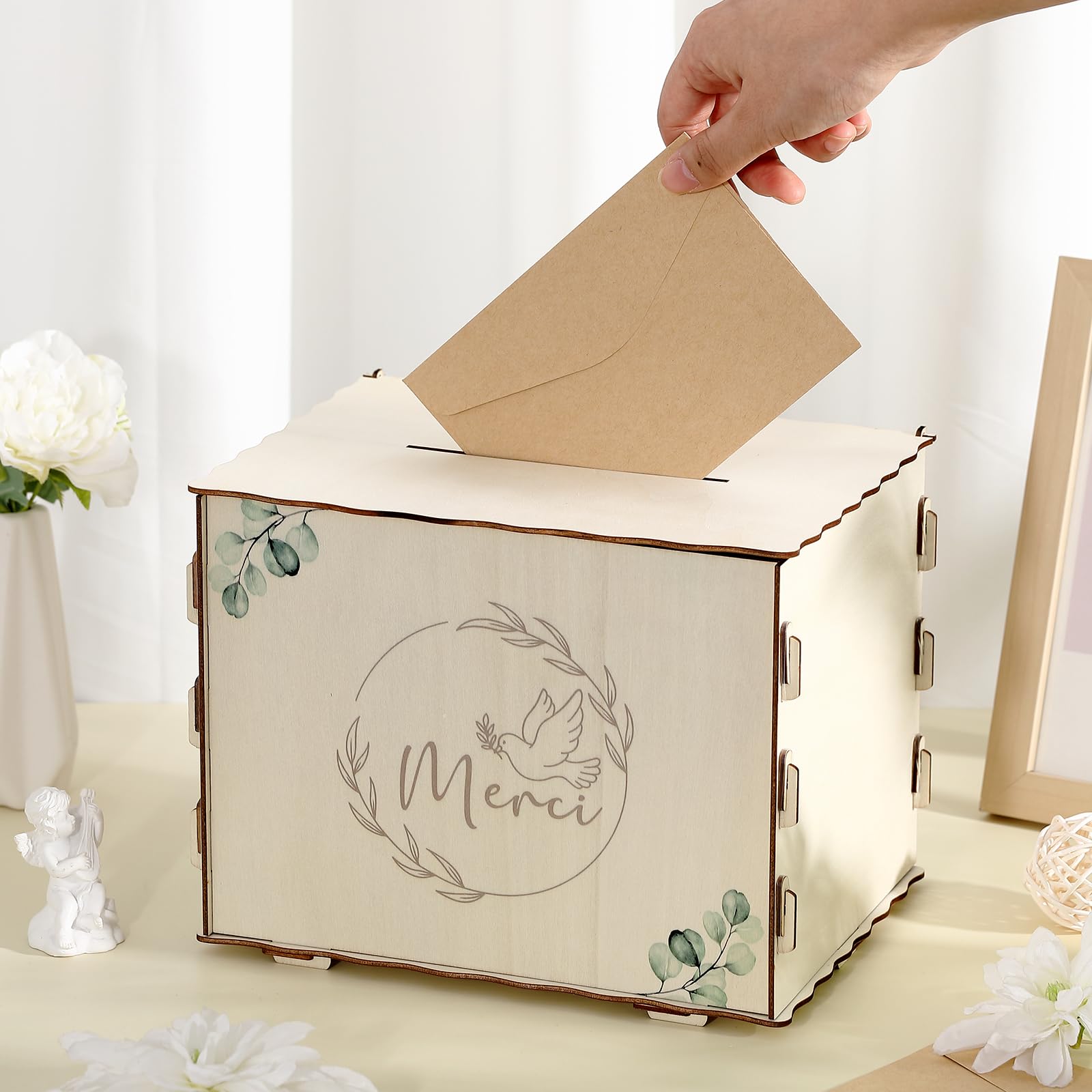 Namalu Urna Compleanno Battesimo Scatola Porta Biglietti Salvadanaio in Legno per Matrimonio Decorazione Festiva Scatola Regalo per Lettere Buste Denaro(Merci, Piccione, Eucalipto)