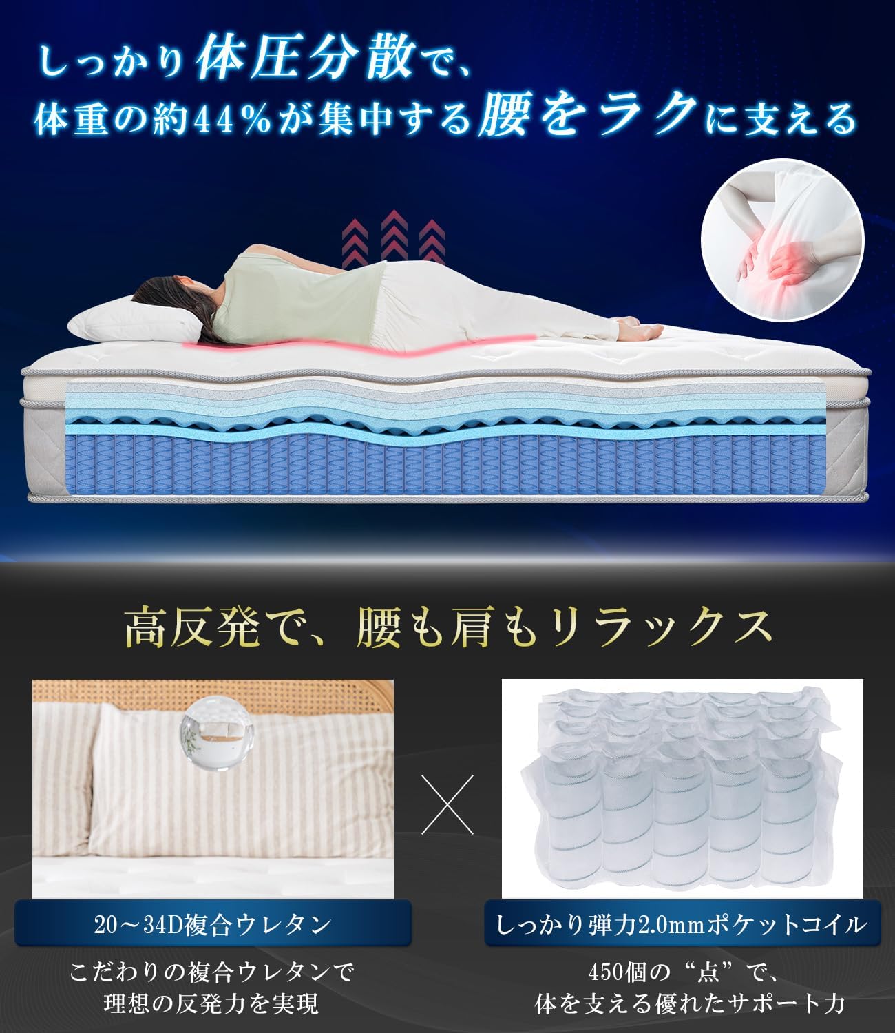 マットレス ダブル 高反発 極厚23cm ポケットコイル 660個 高密度