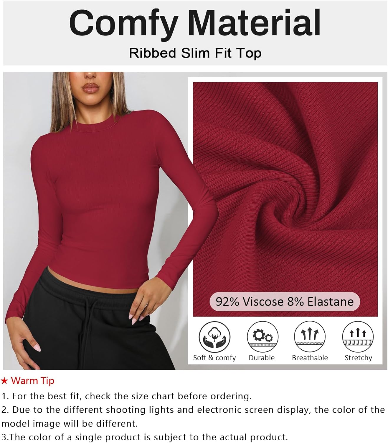 Womens Ribbed Long Sleeve T Shirts Crew Neck Fall Basic Tight Tops Fitted Casual Going Out Workout Cotton Fall Tops - Image 5