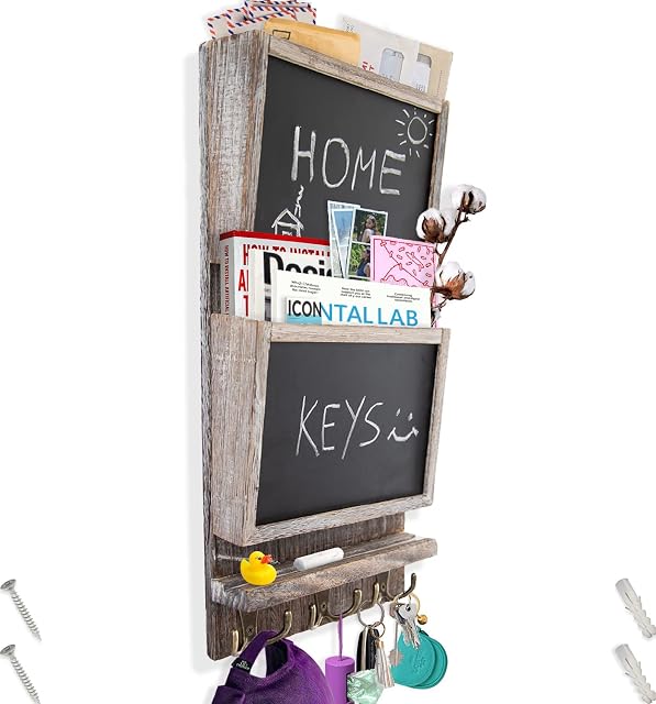 Rustic 2-Slot Mail Sorter Organizer for Wall with Chalkboard Surface & 3 Double Key Hooks - Wooden Wall Mount Mail Holder Organizer  Wall Décor for Entryway made of Paulownia Wood - Rustic White