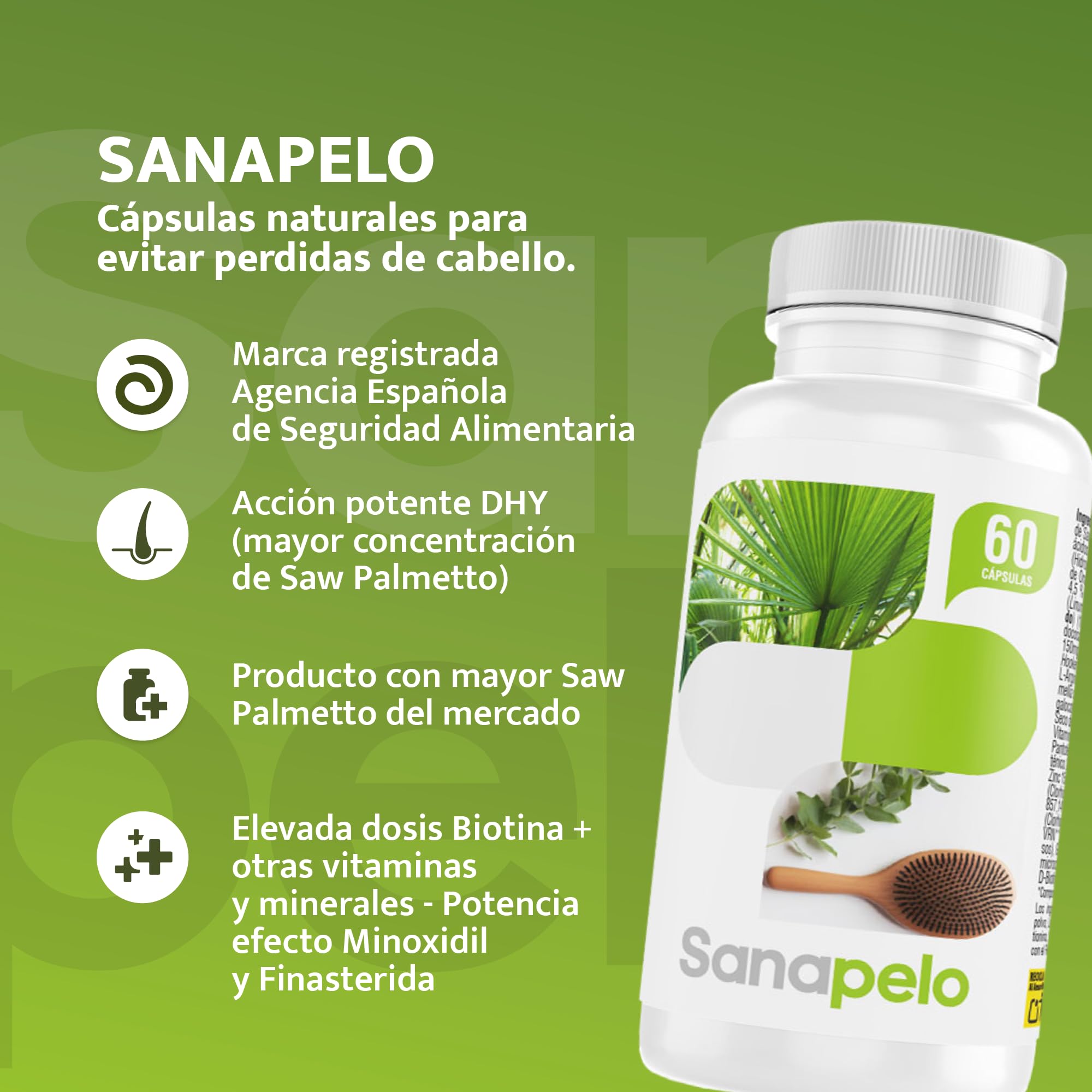Sanapelo–Cápsulas Anticaída pelo|Con Saw Palmetto,Biotina,Zinc | Pygeum Africanum,Té verde-Ayuda a fortalecer el pelo,evitar la caída y mejorar la circulación-SANACAPS(3 Botes)