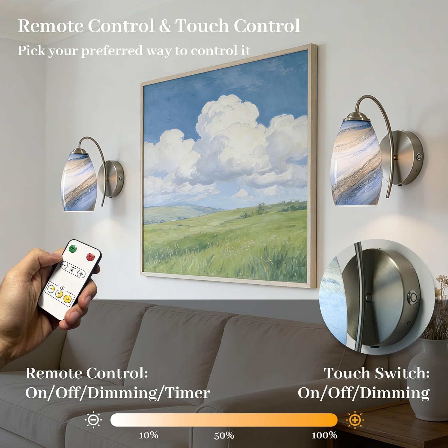 Battery Operated Modern Wall Sconce Set of 2, Rechargeable Wireless Wall Lights with Touch & Remote Control, Dimmable 3 Color Temperatures, Hand-Blown Glass for Bedroom Living Room