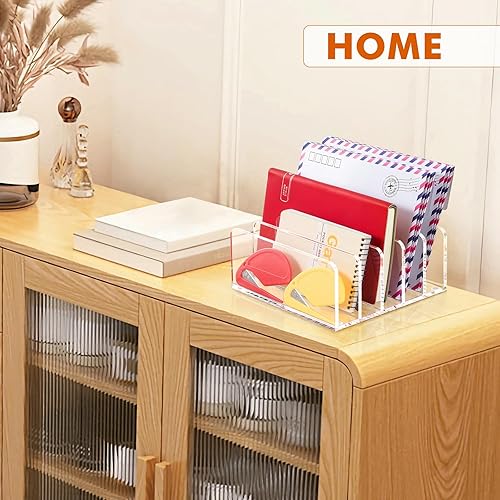 Miniatura 4 de BEYGORM Acrylic Mail Holder, Clear Multifunction Desk Organizer with Divider, Vertical Letter Sorter for Desktop, 5 Compartments Modern Office Home