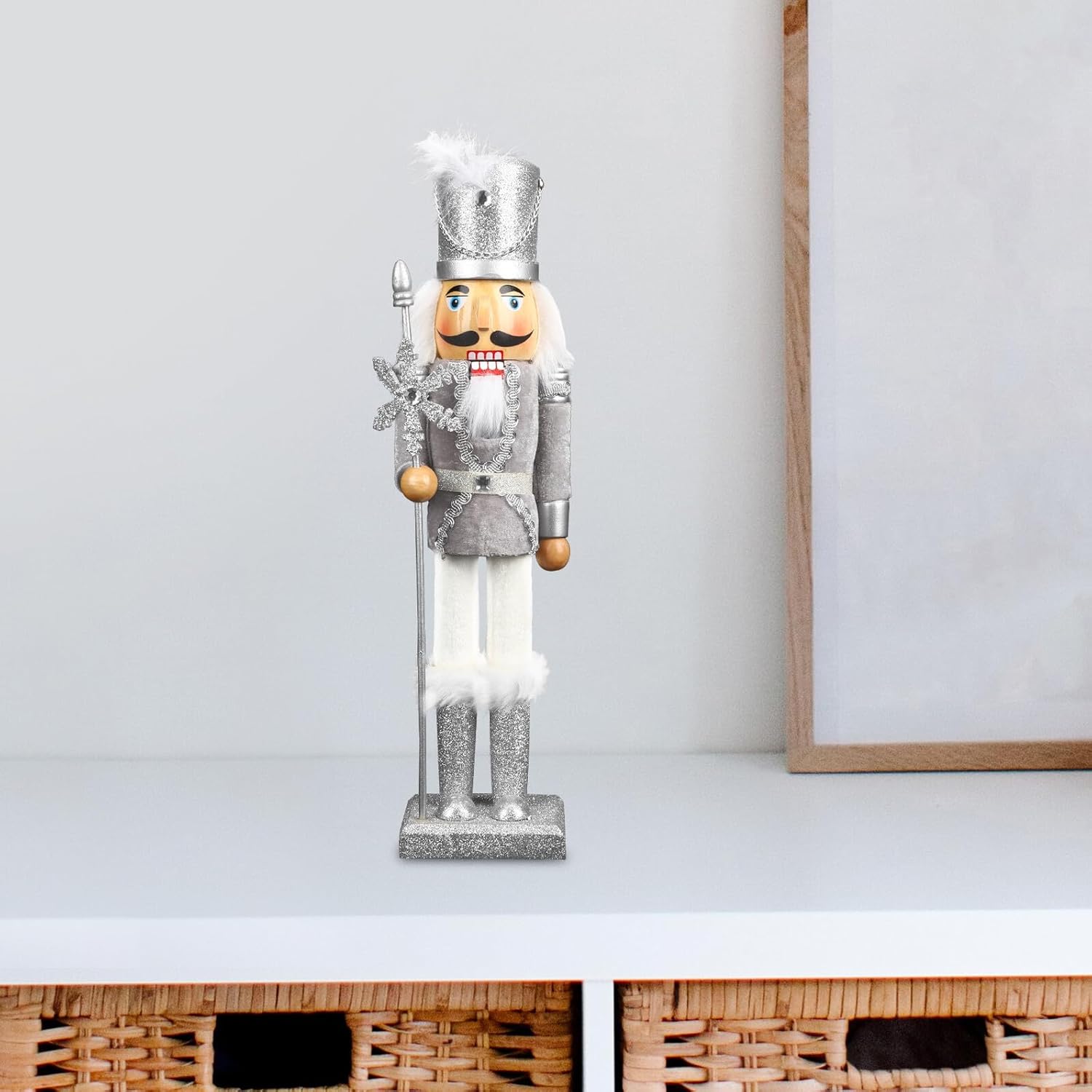 Toyvian Christmas Nutcracker Figurine 38cm Wooden Snowflake King with Silver Velvet Finish Holiday Tabletop Decor for Christmas Home and Garden Seasonal Decorations