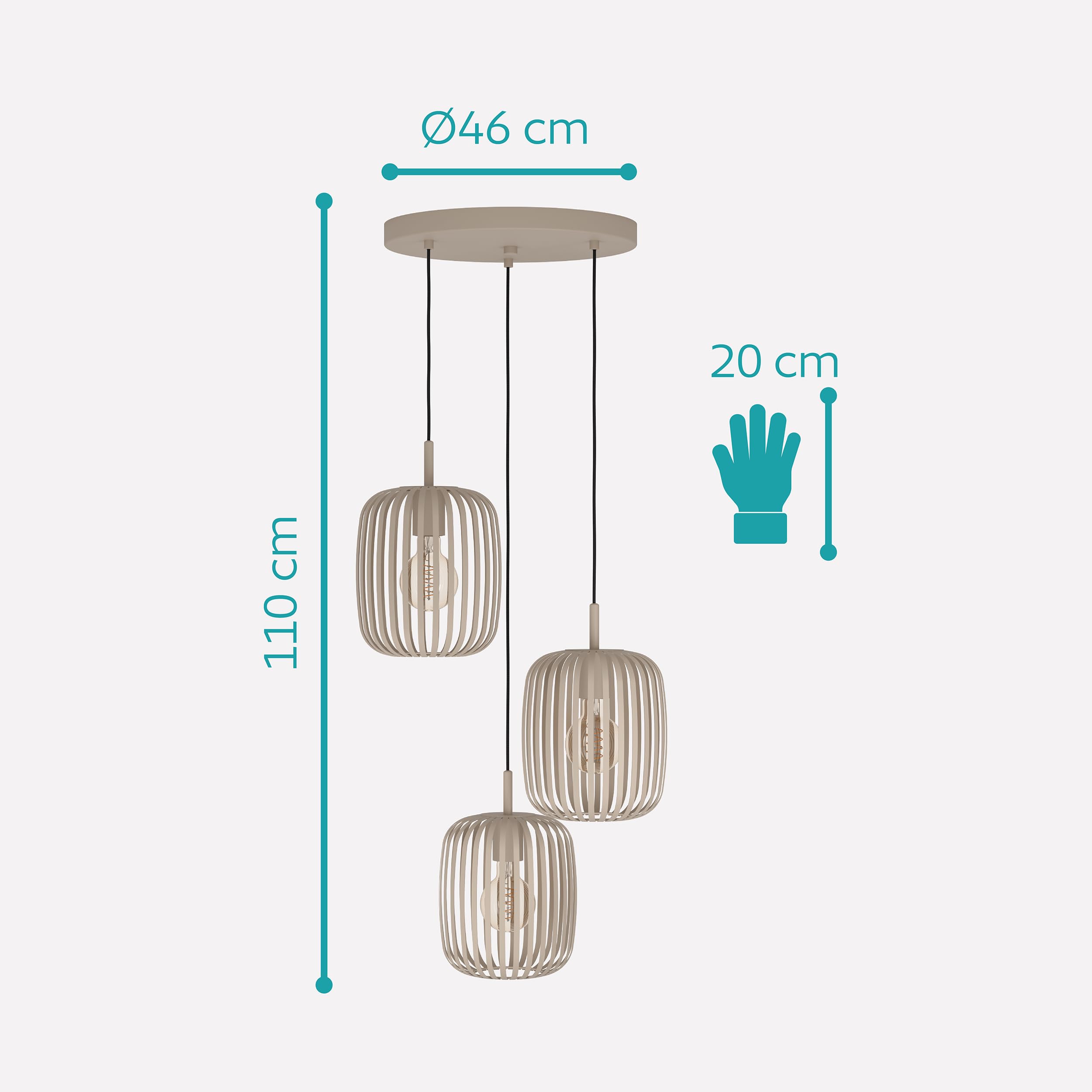 EGLO Pendellampe Romazzina, 3-flammige Pendelleuchte über Esstisch, runde Hängeleuchte aus Metall in Sandfarben, Hängelampe mit E27 Fassung, Ø 46 cm