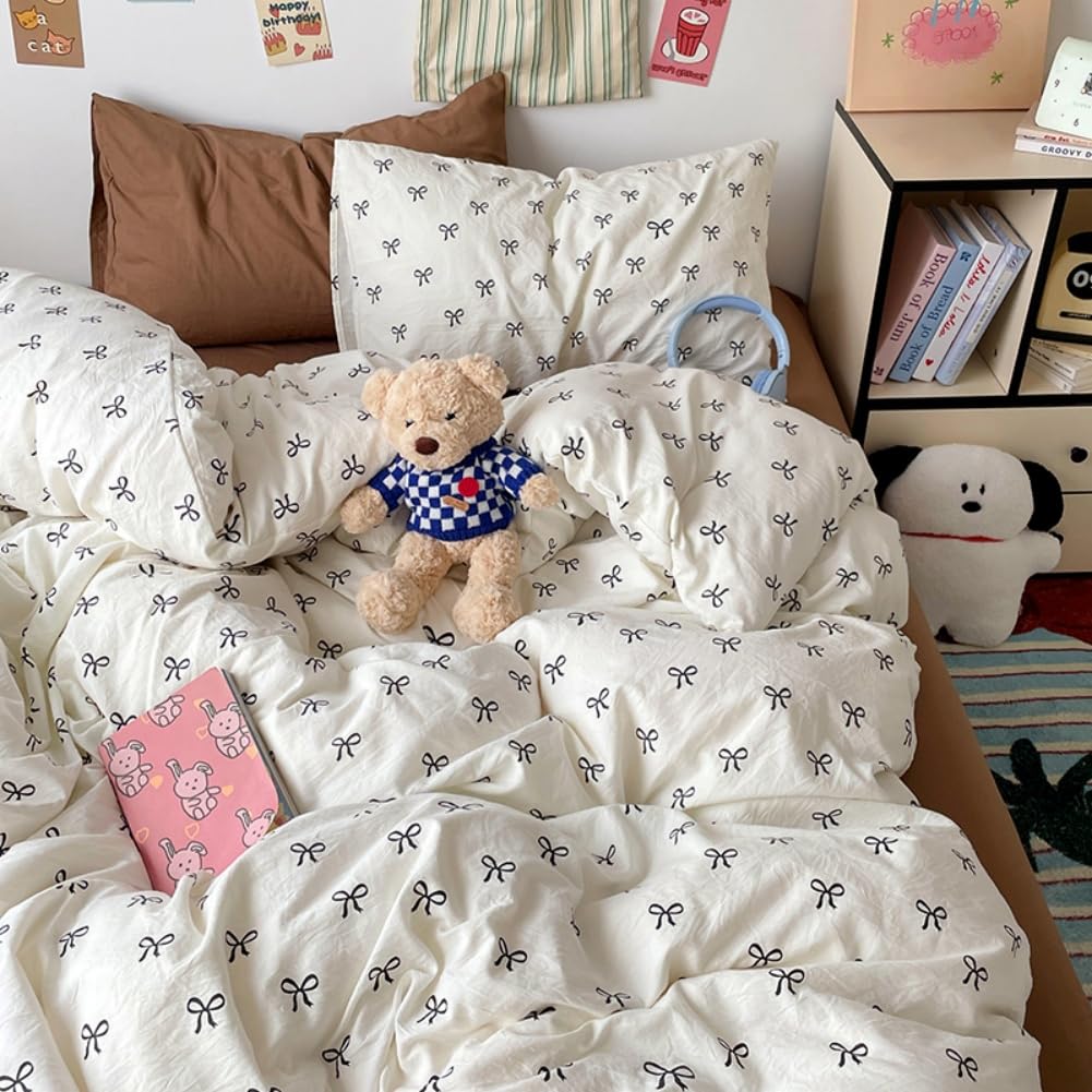 Covebett Black Bows Duvet Cover 100% Cotton Double Black White Bow Bowknot Print Kawaii Cotton Bedding Set Kids Girls Aesthetic Comforter Cover 200x200 cm with Zipper Closure and 2 Pillowcases 50x75