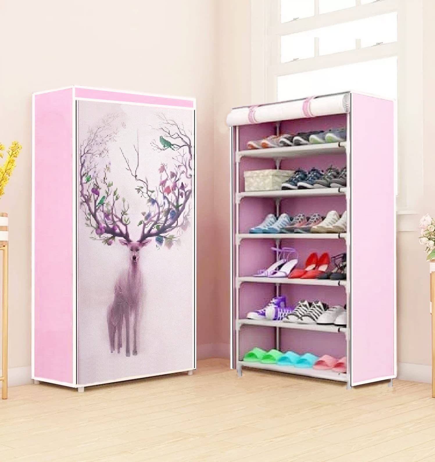 CMerchants Multipurpose Home Utility Portable Space Saving 6 Layer Nature Animal Print Shoe Rack Organizer Stand Pink-image-21