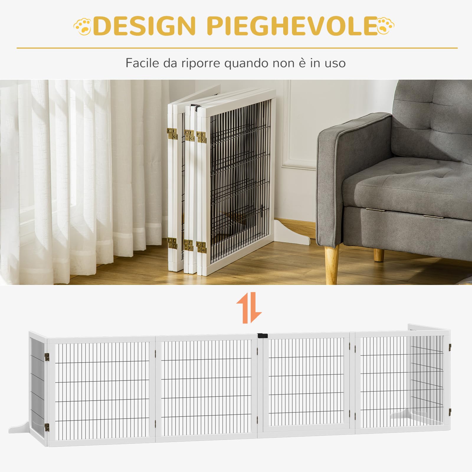 PawHut Cancelletto per Cani di Piccola/Media Taglia a 6 Pannelli Pieghevoli, Cancelletto di Sicurezza in Legno e Acciaio, 432x36x70 cm, Bianco