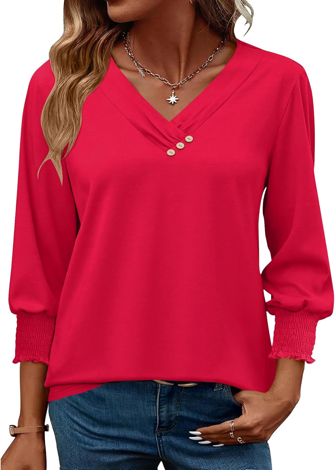 LOMON Blouses for Women Dressy Casual 3/4 Length Sleeve Womens Tops with Buttons Decor - Image 2