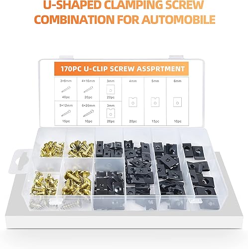 Miniatura 7 de Kit de 170 tornillos de clip en U, clip en U para automóvil con tornillo, tuercas en U para automóvil con tornillo autorroscante, clips en U, juego