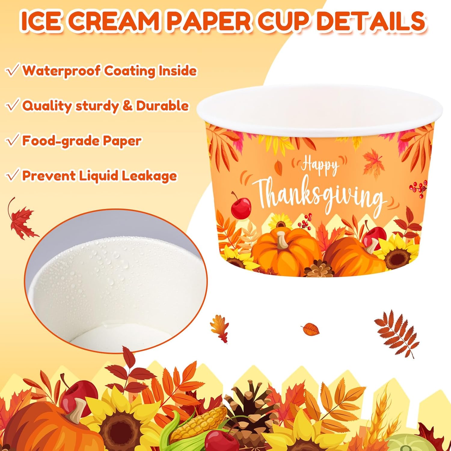 Didaey 150 Pieces Thanksgiving Snack Cups 9 oz Disposable Pumpkin Turkey Paper Bowls Fall Ice Cream Cups Autumn Soup Yogurt Food Tasting Bowls for Thanksgiving Party Decorations Supplies
