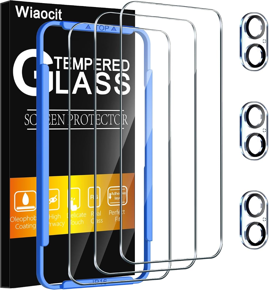 Wiaocit Tempered Glass Screen Protector for iPhone 16 | 3+3 Pack, 9H Hardness, Camera Lens Protector, Installation Frame, Bubble Free, Case Friendly