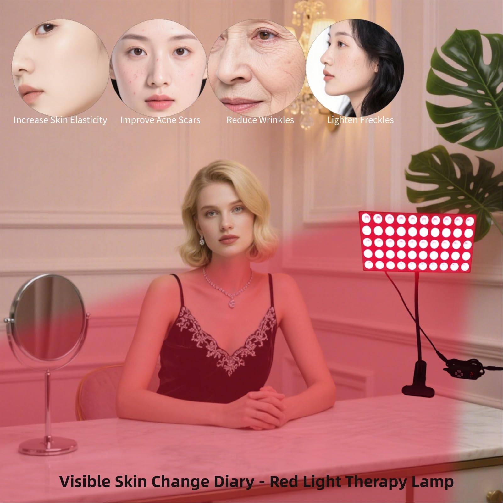 Lampe de luminothérapie infrarouge portable à pince, 100 LED 660 nm et 850 nm, 30 W, 5 niveaux de luminosité, col de cygne et angle réglables, minuterie et protection des yeux pour le visage et le