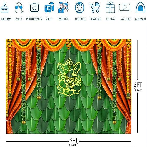 Miniatura 3 de Ticuenicoa Fondo de fotografía tradicional India Pooja de 5 x 3 pies, diseño de hojas de plátano, fondo verde de Chatiya Ganesh, fondos de Puja