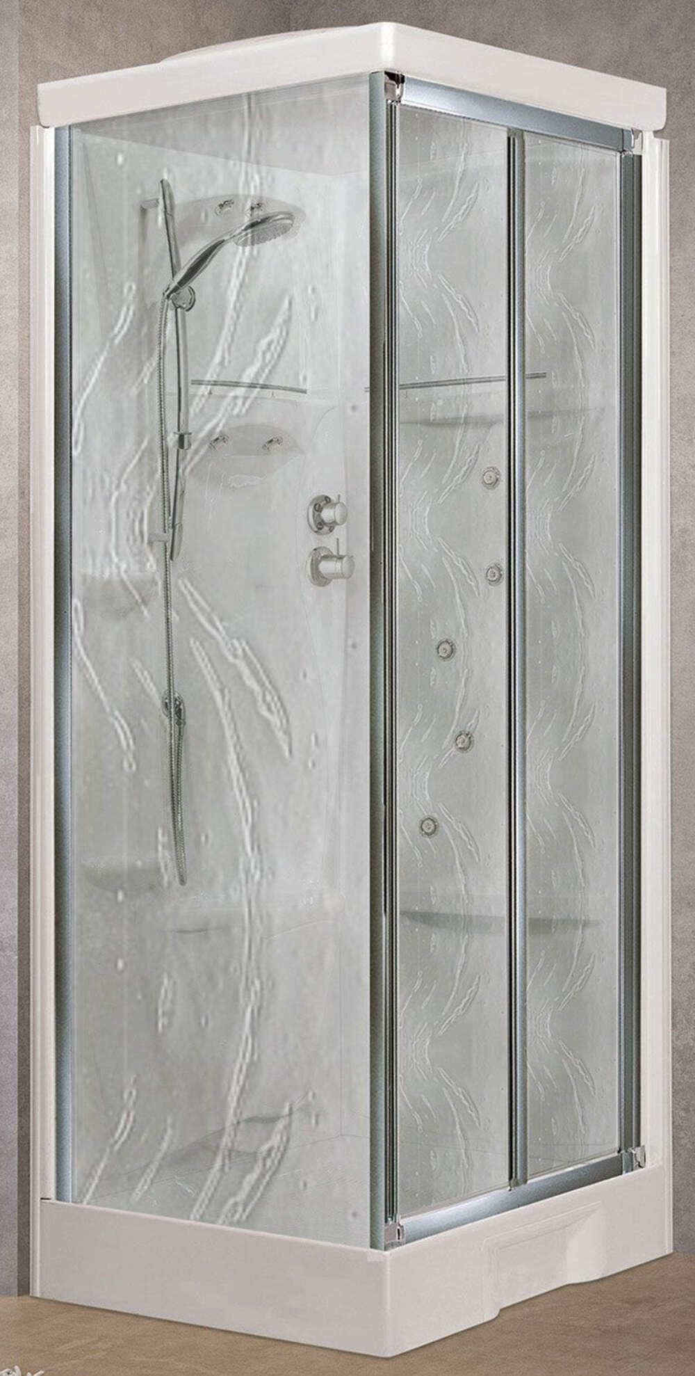 Novellini New Holiday SF hidromasaje con techo y alcachofa 100 x 80 cm cabina de ducha multifunción apertura fuelle reversible mezclador termostático cristal Aqua perfil plata altura 217,5 cm