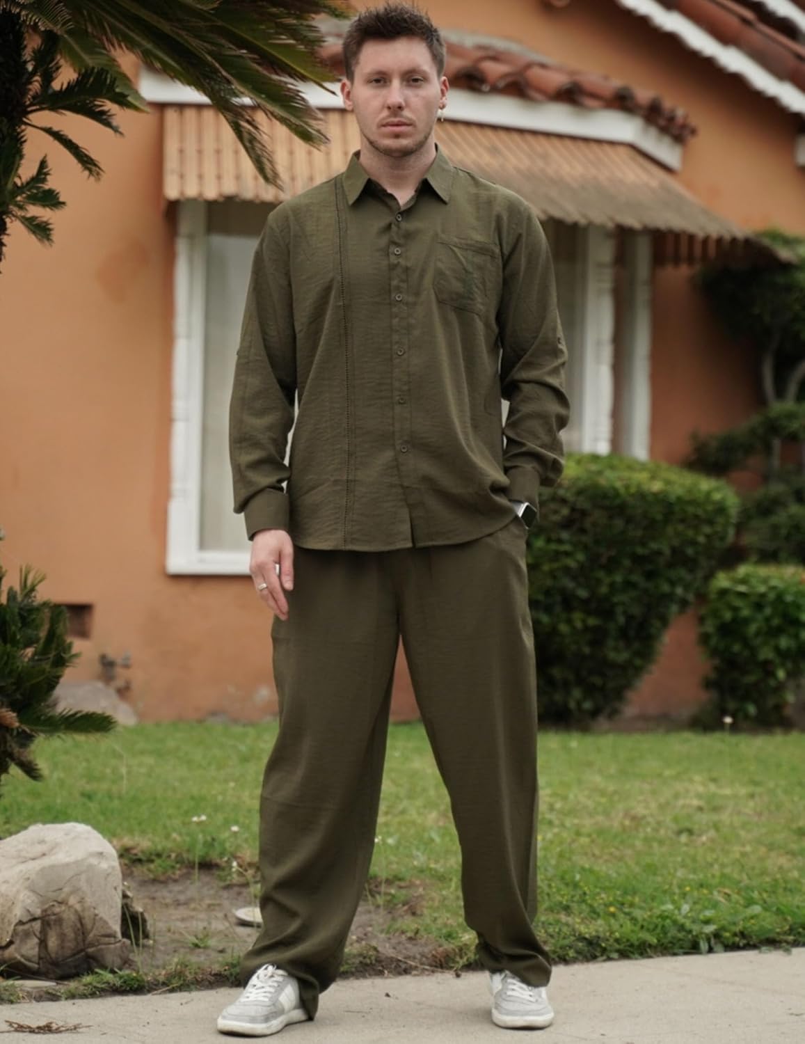 COOFANDY Mens Linen Sets 2 Piece Long Sleeve Button Down Cuban Shirt and Pants Set Summer Beach Set Outfits - Image 2