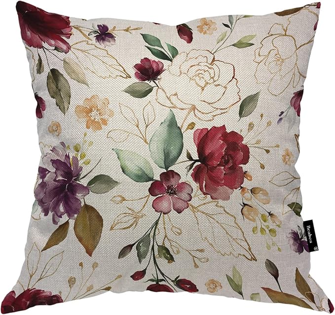 Beabes Pillow Cover Roses, Vintage Gold Burgundy Flowers Leaves Decorative Square Pillowcases Cotton Linen Cushion Cover 18x18 Inch for Sofa Bedroom Home Car Office