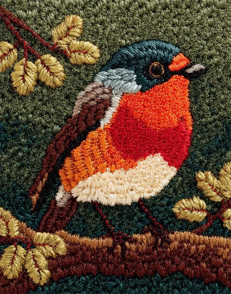 FWRTYCB Latch Hook Rug Kit,Robin on a Tree Branch
