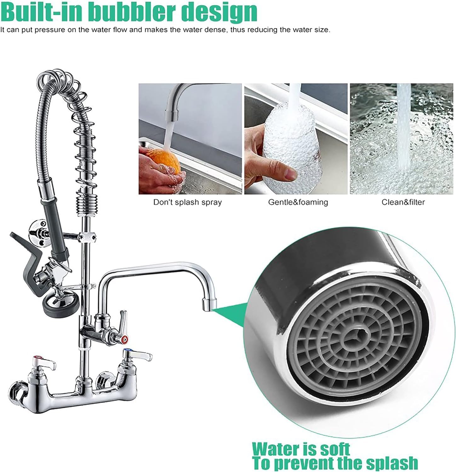 Commercial Wall Mount Kitchen Sink Faucet Brass Constructed Polished Chrome Pre-Rinse Device 25" Height 8" Center with Spring Pull Down Sprayer and 12" Add-on Spout (25 inches) - Image 4