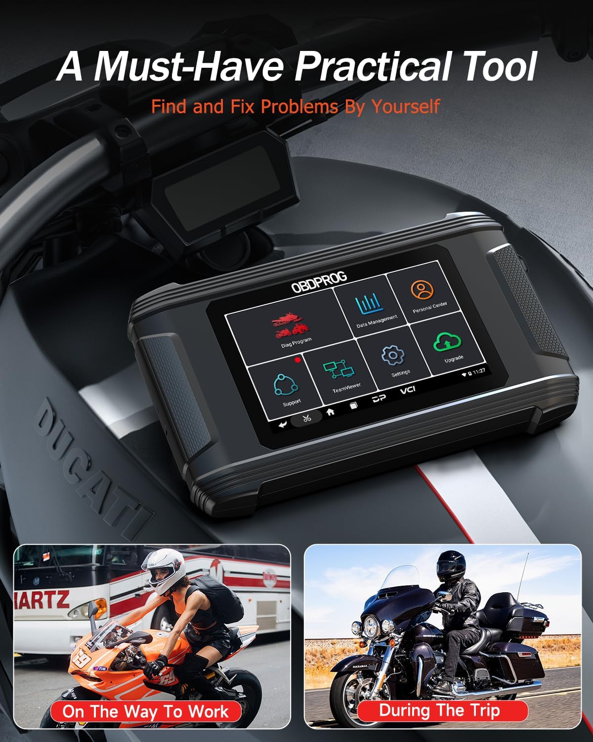 OBDPROG Moto 100 5" Motorcycle Diagnostic Tool, Full-System OBD2 Scanner with Quick Service Resets, Active Text & Advanced Programming, Fits for Harley, Honda, Yamaha, Indian, Polaris, Victory, BRP