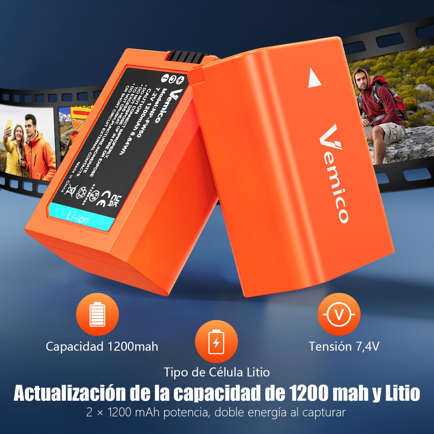 Vemico NP-FW50 Batería de Cargador Kit 2x1200mAh Batería de Repuesto con LCD Doble Tipo-C Cargador para ZV-E10 Alpha 7 7ii 6500 6400 6300 6000 5100 NEX-7 NEX-6 NEX-F3 NEX-3 NEX-5 SLT A55V