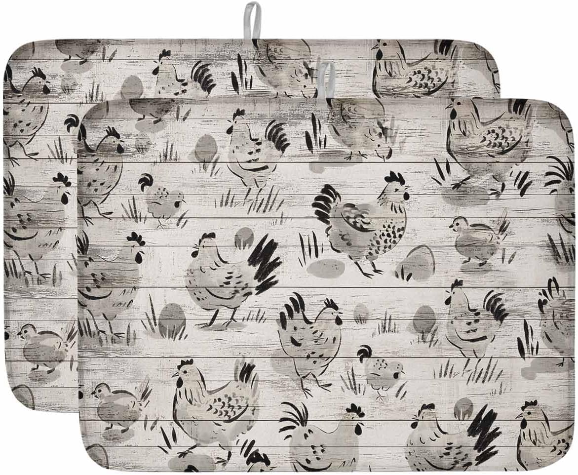 Vintage Rooster Farmhouse Dish Drying Mat for Kitchen Counter, Microfiber Dishes Drainer Mat Rack Pad, Grey Wooden Farm Animals Striped Absorbent Dish Bottle Drying Mats, 18''x24'', 2 Pack